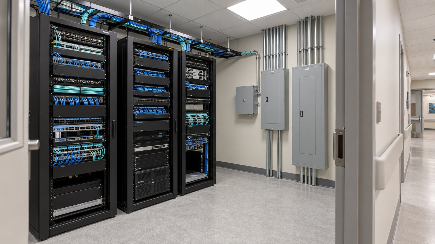 Illustration of a finished institutional communications room with network racks and cable pathways