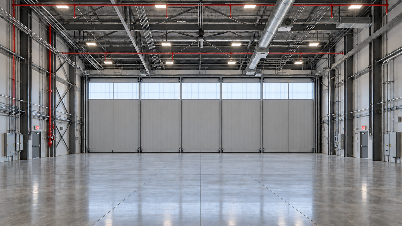 Illustration of a clear-span aircraft hangar with overhead lighting and electrical systems