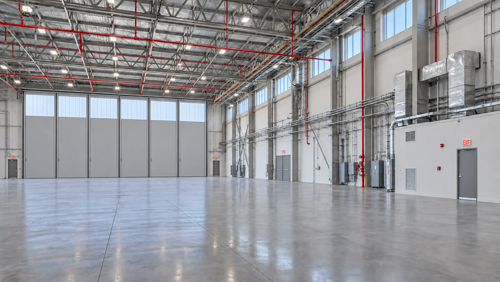 Illustration of an aircraft hangar interior with electrical conduit and ventilation systems