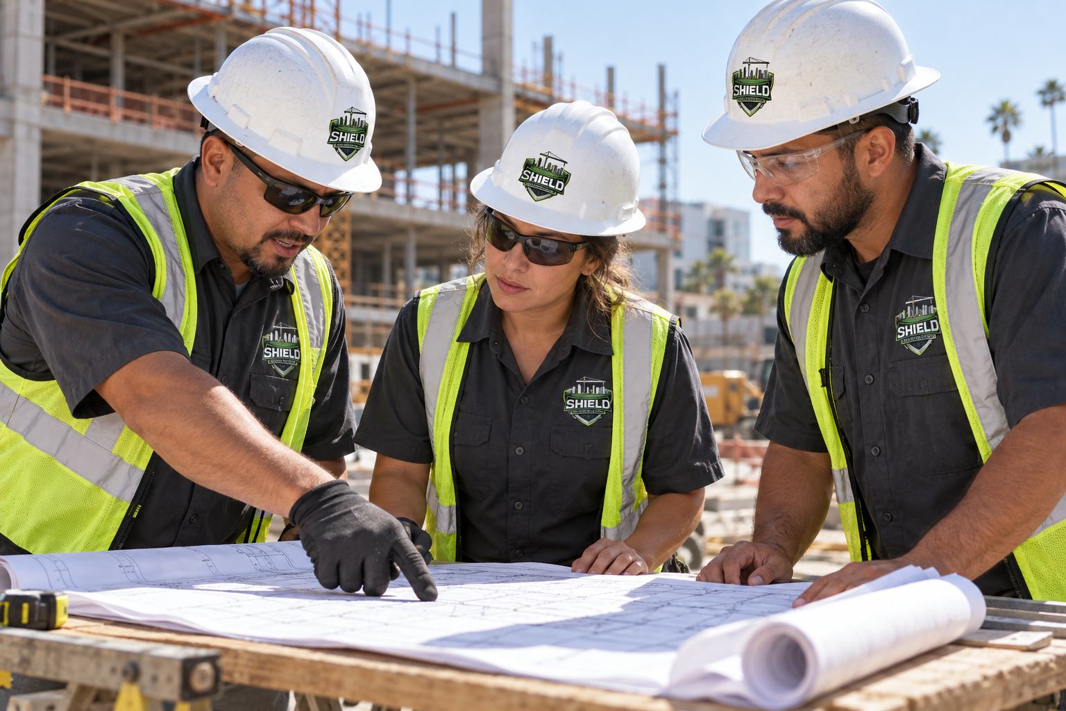 Brand illustration of three Shield workers in safety equipment reviewing construction plans